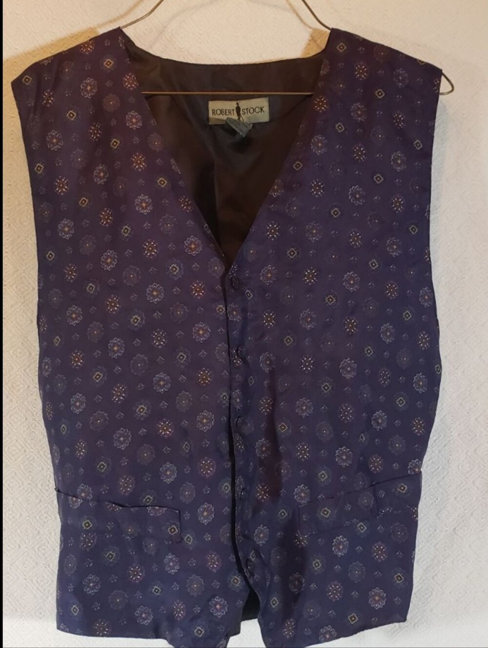 Vintage Robert Stock Vest Men's Small Navy Geometric Button Front Adjusting Back